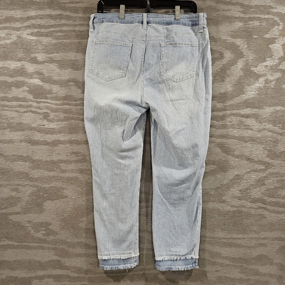 Chico's SZ 10 Nautical Coastal Preppy Blue White Striped Ankle Girlfriend Jean - Picture 2 of 9